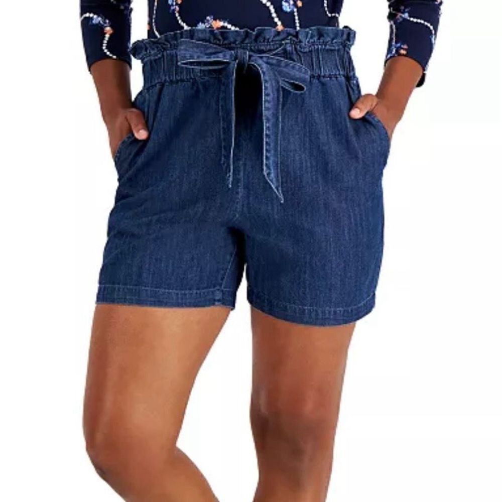 Charter Club Paper Bag Tie Waist Denim Shorts High Rise‎ Medium Skylar Wash NWT